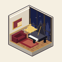 A pre-war style suite with a grand piano, night view