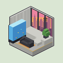 A concrete split-level suite with an aquarium wall, sunset view