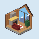 A timber chalet suite with a stone fireplace, snowy peaks by day