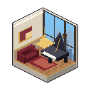 A Sky Suite: a pixel-art penthouse with a red sofa, a grand piano and a city skyline in daylight behind a glass wall